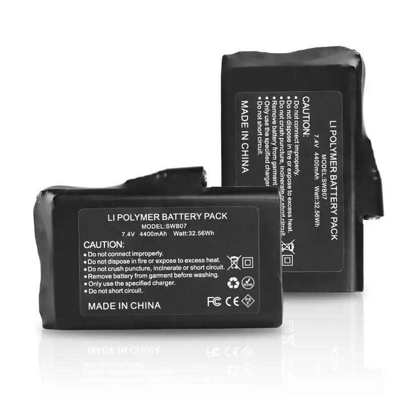 High-capacity 7.4V 4400mAh rechargeable battery pack designed for heated garments and gloves