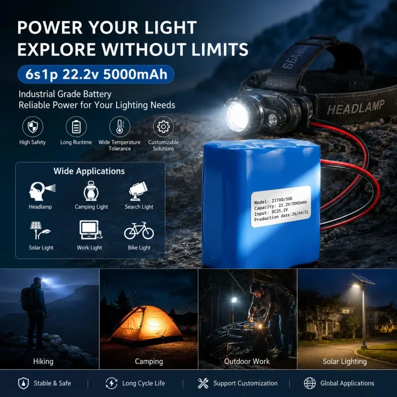 Custom 6S 22.2V 5000mAh battery solution for outdoor headlamp applications