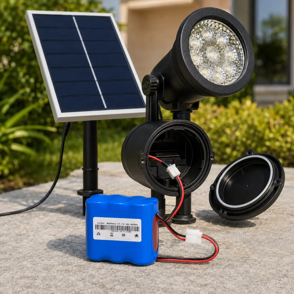 Solar spotlight battery pack with connector and outdoor lighting setu