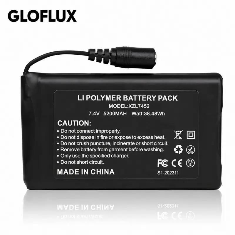 High-capacity 7.4V lithium-ion battery for powering heated apparel during outdoor work and cold-weather activities.