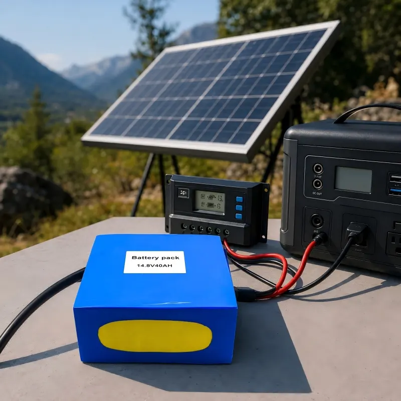 Solar system application scene with 14.8V 40Ah battery pack and wiring