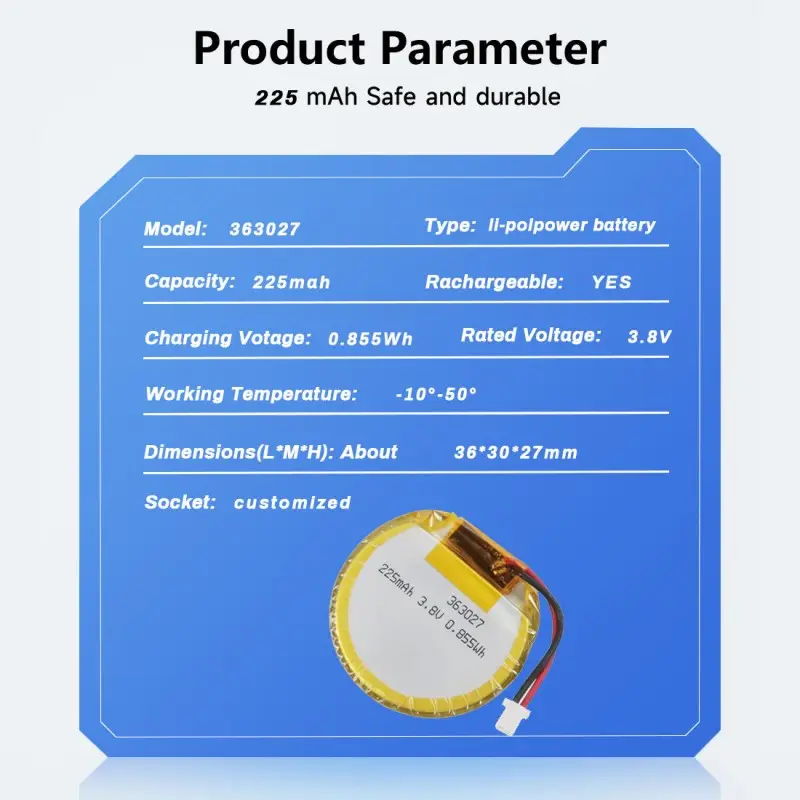 Rechargeable 363027 Li-polymer round battery for compact smart wearables
