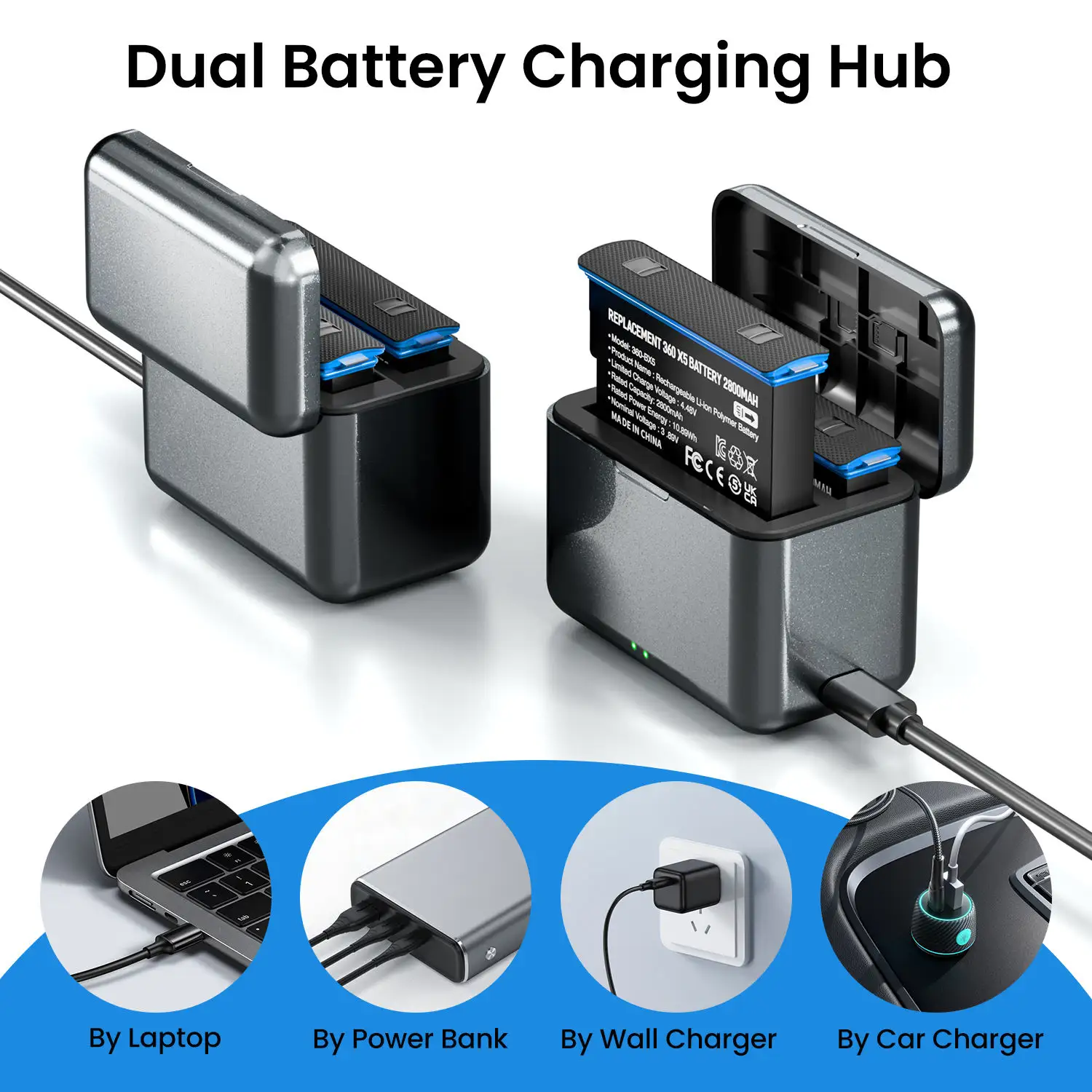 Dual battery charger kit with two 2400mAh rechargeable batteries for Insta360 X5 action camera.