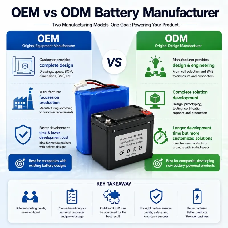OEM and ODM lithium battery manufacturing infographic with custom battery pack design, BMS development, prototyping, and mass production.